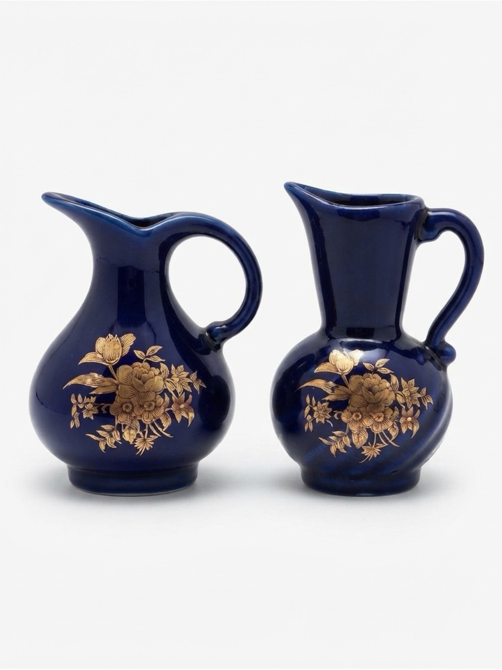 Cobalt Blue Ceramic Pitcher Set with Gold Floral Accents 3"